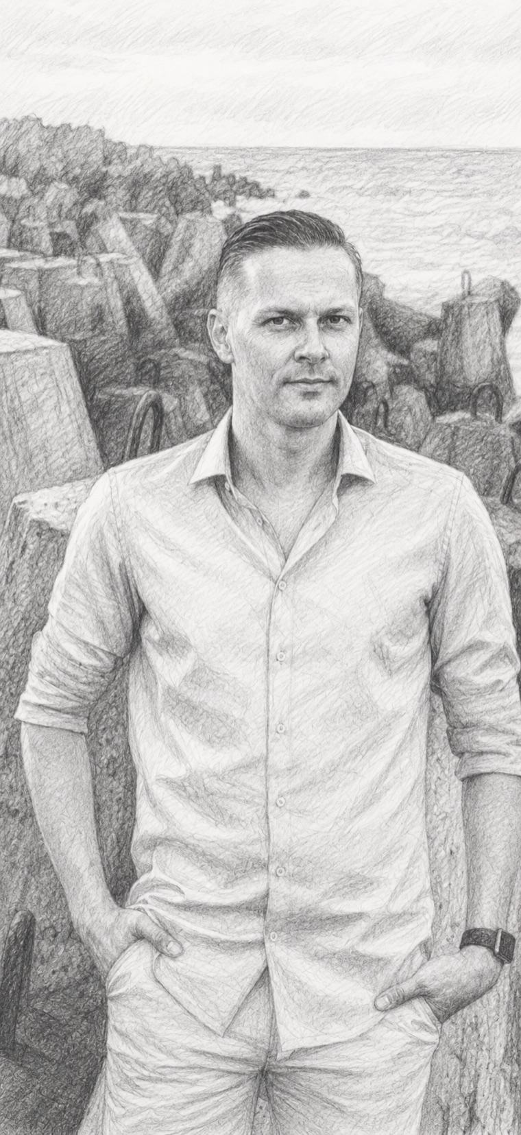 Pencil portrait of Michael Ludwig at a coastal breakwater