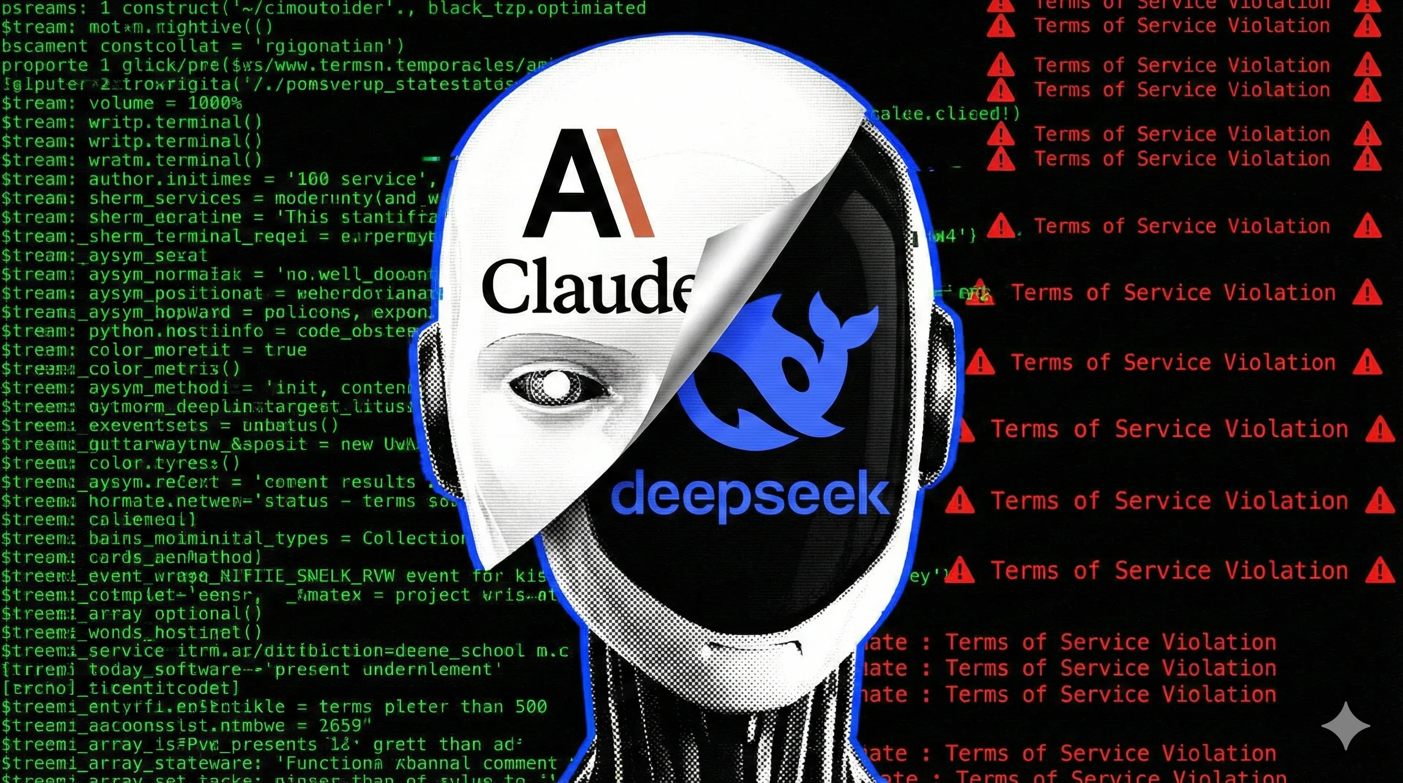 Illustration of Claude, DeepSeek, code, and terms-of-service warnings.